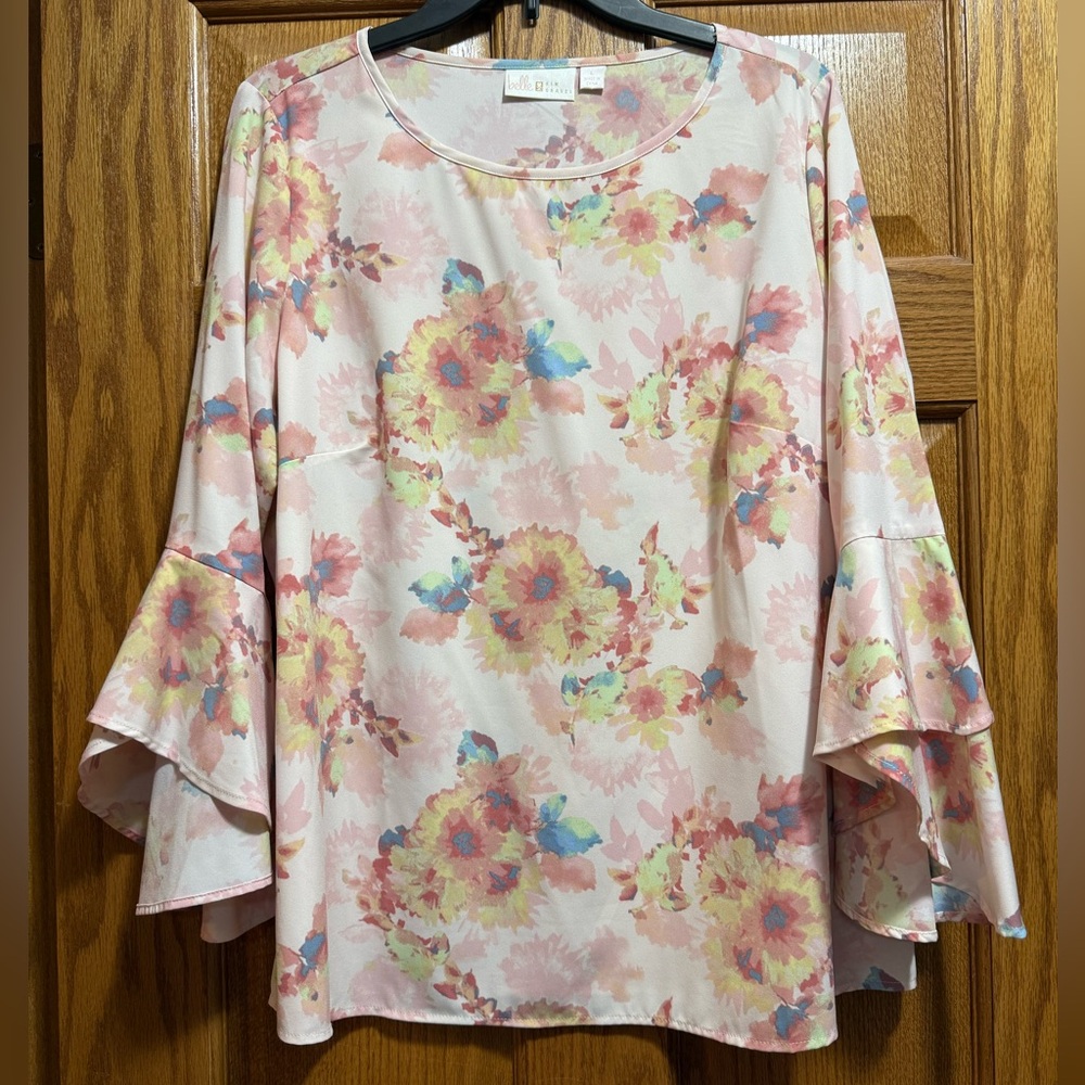 Belle by Kim Gravel pink floral blouse, shirt, large, L